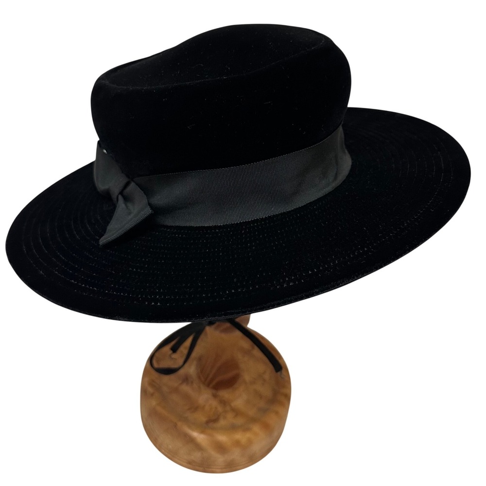 Vintage De Pinna Black Velvet Wide Brim Hat Grosgrain Bow Union Made USA 1950s